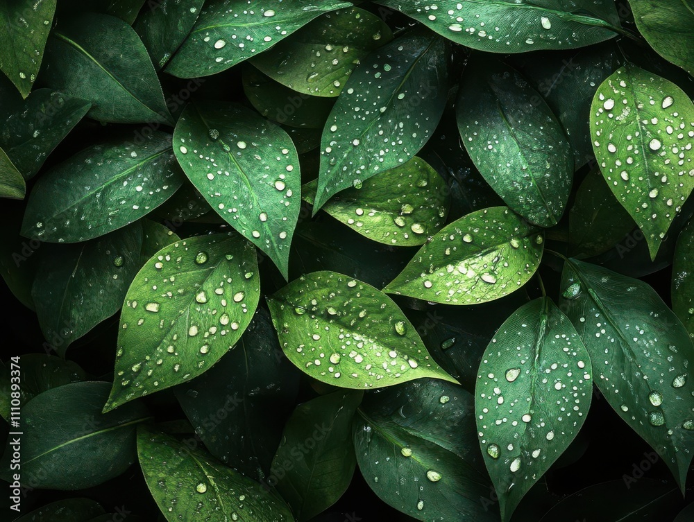 Create a captivating image of water droplets on vibrant green leaves, emphasizing natural beauty with a dewy effect Create a captivating image of water droplets on vibrant green leaves, emphasizing natural beauty with a dewy effect