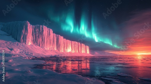 Wallpaper Mural A stunning aurora borealis illuminates icy cliffs and a reflective frozen landscape at dusk. Torontodigital.ca