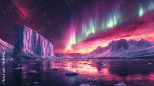 A stunning landscape featuring icy formations under vibrant auroras and a colorful sky.