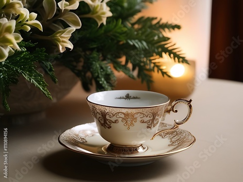 Elegant Teacup And Saucer With Floral Arrangement