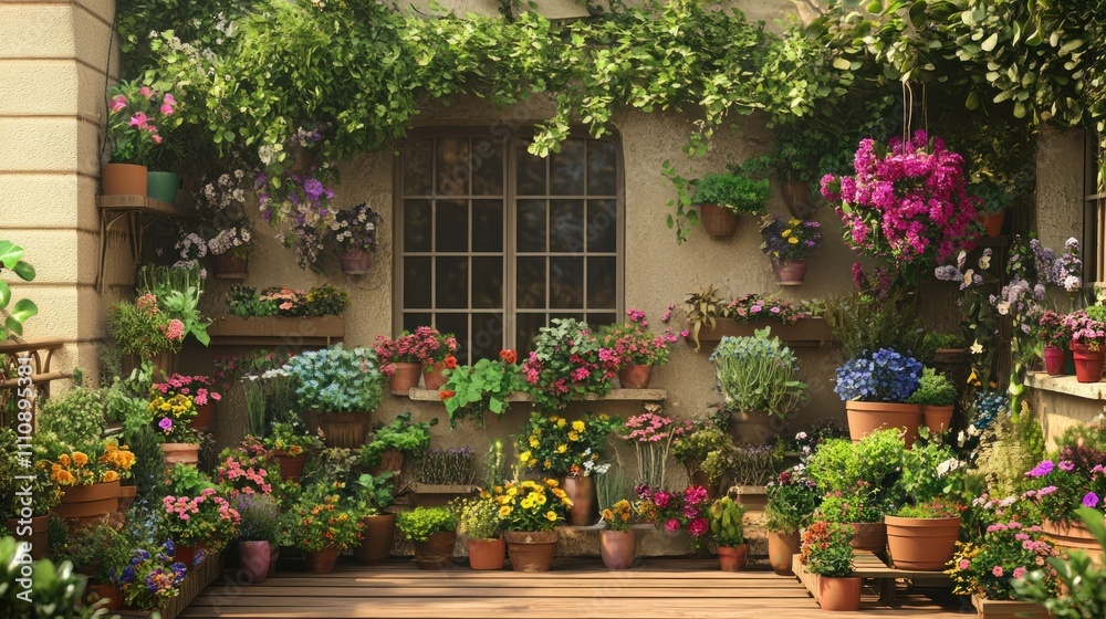 Fototapeta premium Vibrant flower garden on a sunny deck with terracotta pots, climbing plants, and a window.