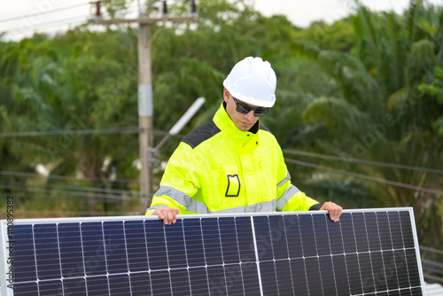 Men technicians mounting photovoltaic solar moduls on roof of house. photo