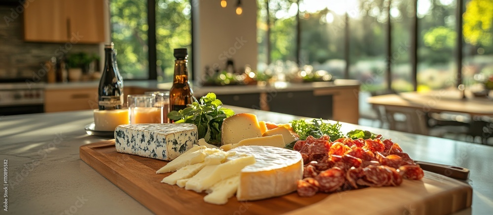 A wooden cutting board filled with various cheeses, salami, and fresh herbs, placed on a kitchen counter with a bottle of wine and a glass of juice in the background. A wooden cutting board filled with various cheeses, salami, and fresh herbs, placed on a kitchen counter with a bottle of wine and a glass of juice in the background.