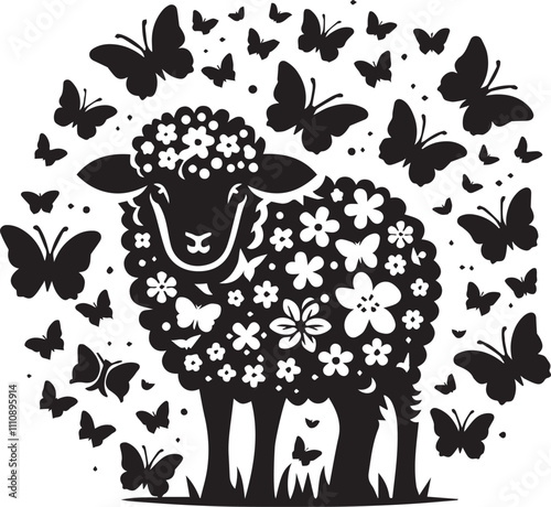 A cute sheep surrounded by black butterflies silhouette vector