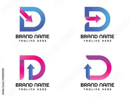 D logo for a brand name is shown with a blue arrow pointing to the right.