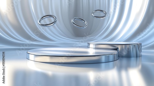 A futuristic chrome podium with floating rings, casting dynamic shadows on a reflective white floor.