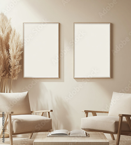 A minimalist mockup of two blank poster frames on the wall