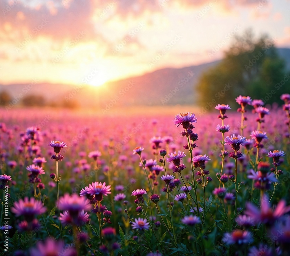 Obraz premium A vibrant purple aster field bathed in the colors of sunrise with soft focus background, , botanical garden, sunrise colors