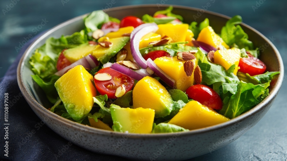 Photo of, A colorful bowl of mango and avocado salad with mixed greens, cherry tomatoes Photo of, A colorful bowl of mango and avocado salad with mixed greens, cherry tomatoes