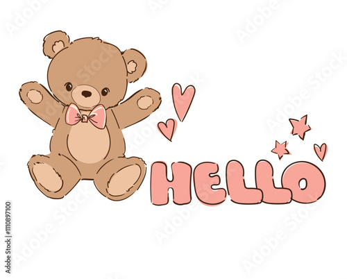 Vector teddy bear and pink bow, hand drawn illustration cute print design for kids