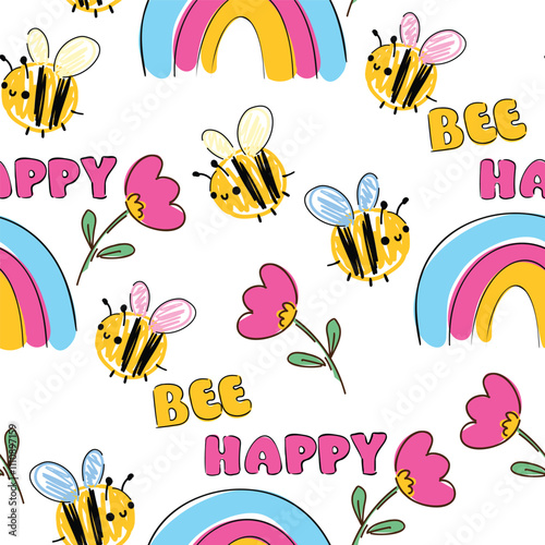 Hand Drawn Cute Kids print with Seamless pattern Bee and rainbow, Vector illustration summer spring print