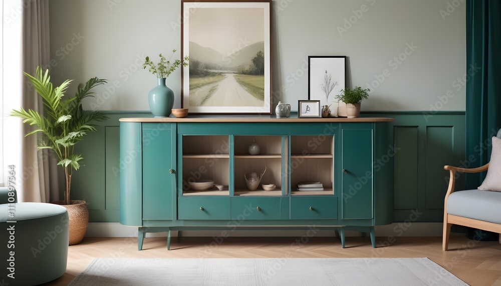Wood sideboard in green living room with copy space
