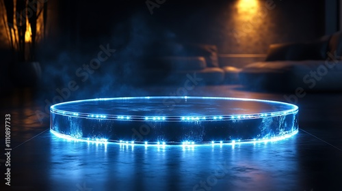 A glossy acrylic podium with embedded LED lights, creating a soft, glowing effect against a dark space.