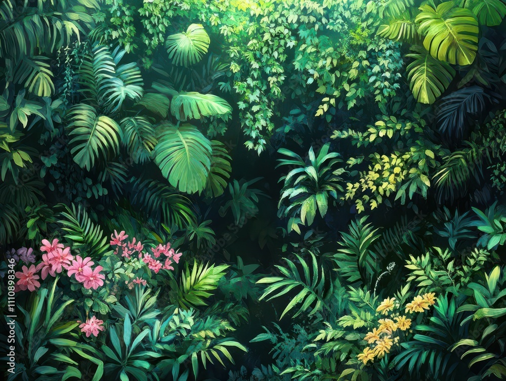 Illustrate a dense tropical jungle scene teeming with various plants and vines Illustrate a dense tropical jungle scene teeming with various plants and vines