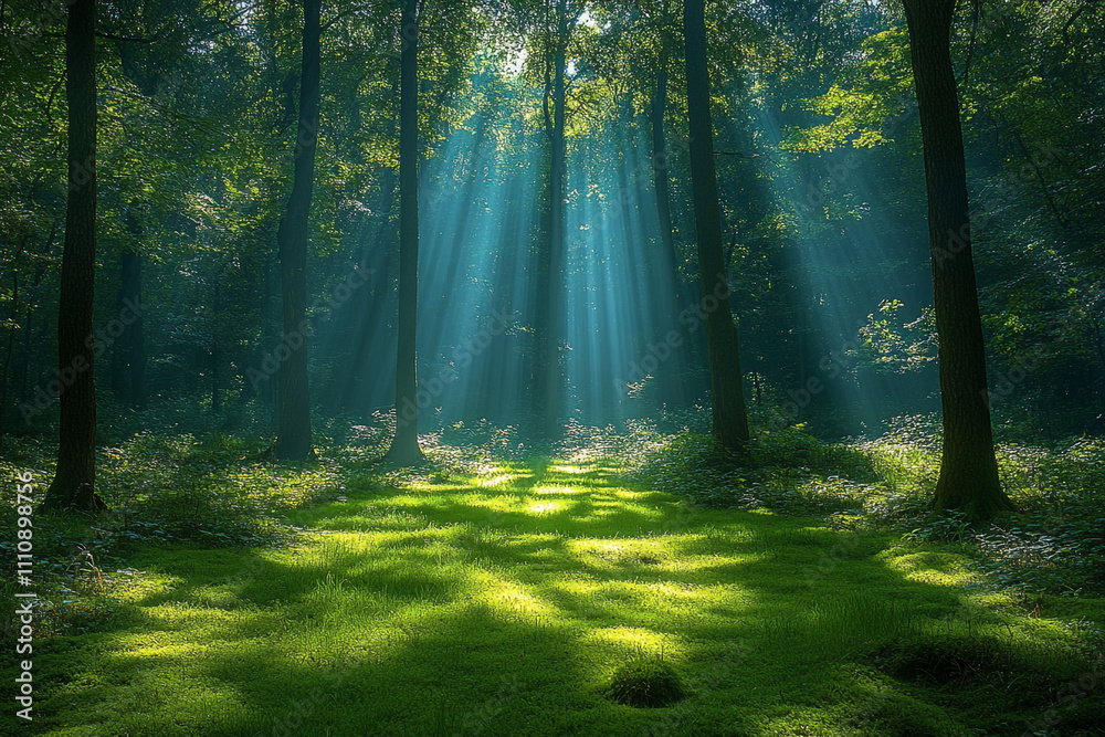 Obraz premium Sunbeams Illuminate A Mystical Forest Path