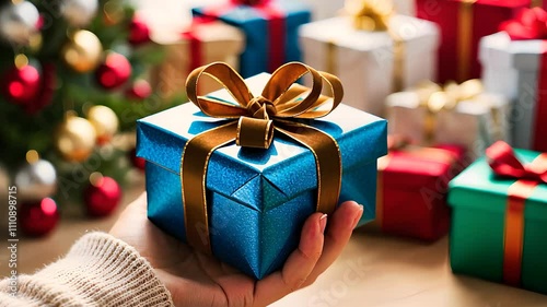 Hand Holding Wrapped Blue Gift Box with Golden Ribbon During Festive Season

 photo