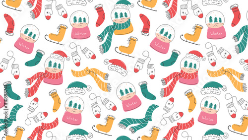 Seamless winter pattern with hand drawn elements.