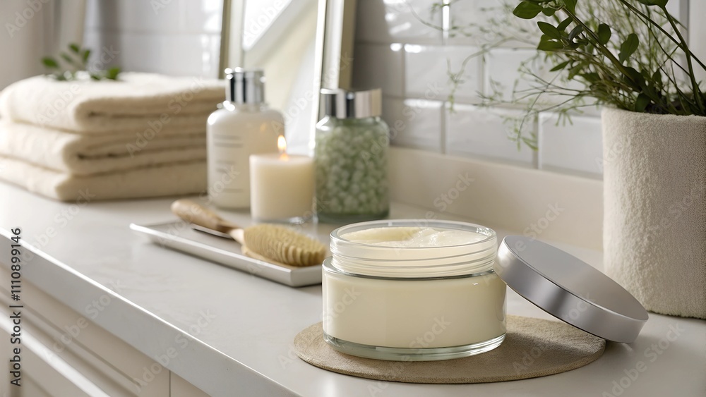 Shea butter jar with towels and skincare products on a counter. Shea butter jar with towels and skincare products on a counter.