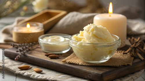 Shea butter in a glass bowl with candles in a spa setting.