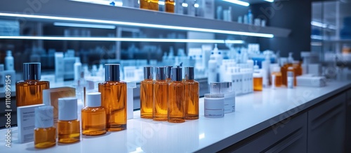 Bottles of perfume or cologne on a shelf in a retail store with white and blue background.