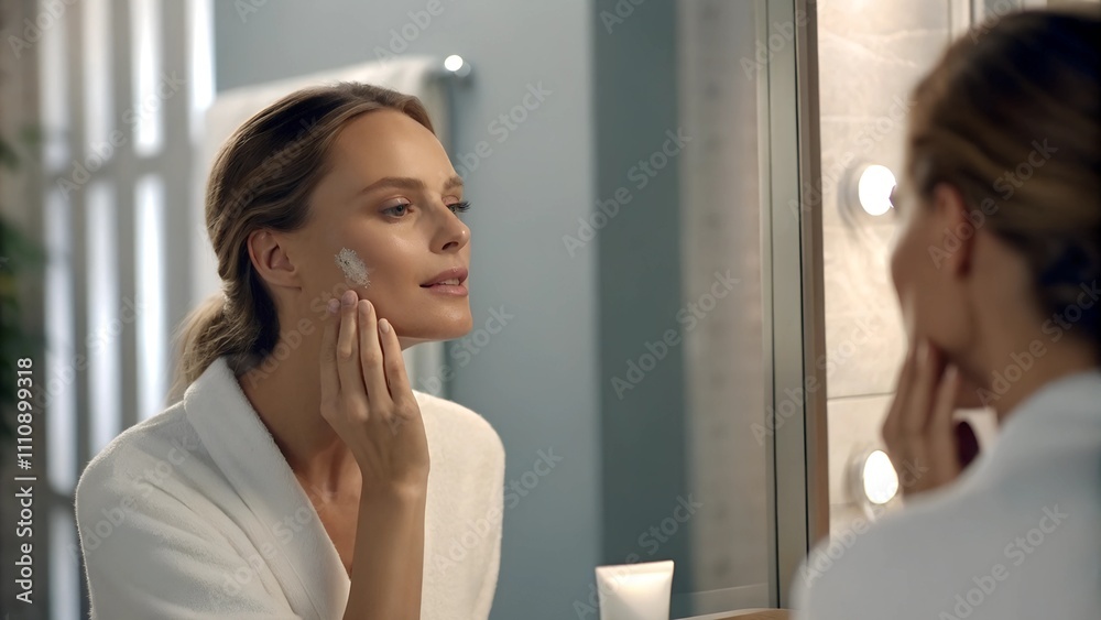 Woman applying hydrating cream in front of a mirror. Woman applying hydrating cream in front of a mirror.