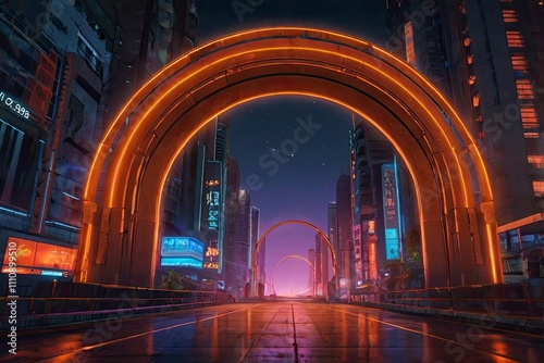 Neon arch dengan asap, Orange bersinar portal, futuristic circle gate, panggung sihir dengan uap. Ilustrasi vektor photo