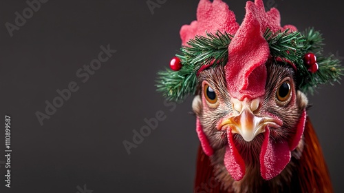 A festive red rooster wearing a holiday wreath, showcasing vibrant colors and a cheerful expression. photo