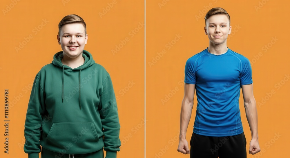 Transformation journey of a young boy, before and after weight loss against orange background Transformation journey of a young boy, before and after weight loss against orange background