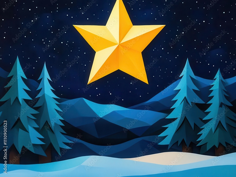Obraz premium Golden Christmas star in acrylic, glowing brightly over a serene winter night scene