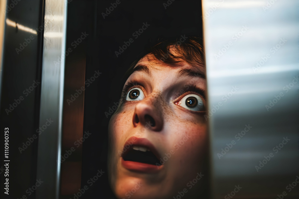 A young woman experiences shock and fear while trapped in a dimly lit elevator A young woman experiences shock and fear while trapped in a dimly lit elevator