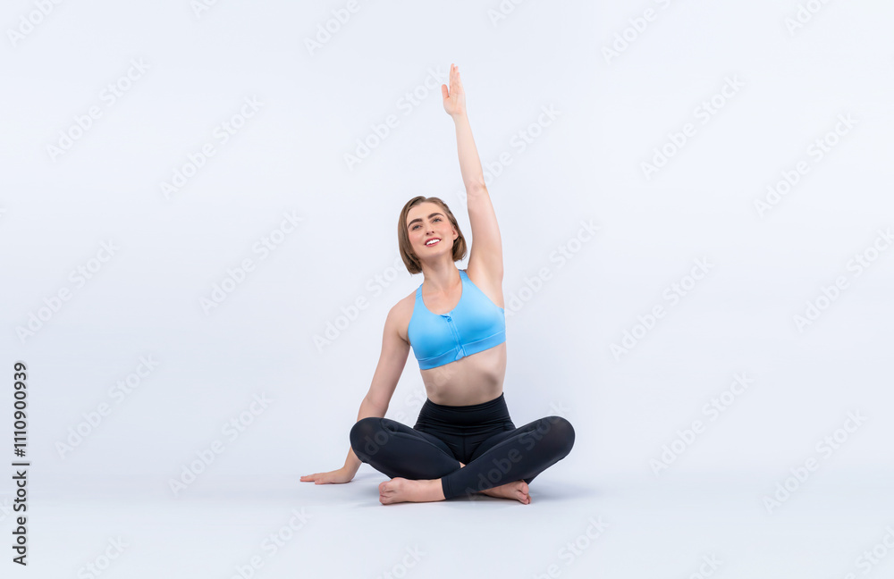 Full body length gaiety shot athletic and sporty woman doing healthy and meditative yoga exercise workout posture on isolated background. Healthy active and body care lifestyle Full body length gaiety shot athletic and sporty woman doing healthy and meditative yoga exercise workout posture on isolated background. Healthy active and body care lifestyle