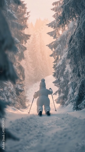 Winter wonderland calls as a skier navigates a serene forest path bathed in soft dawn light, surrounded by snow-covered trees in a tranquil wilderness setting