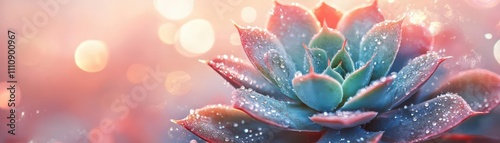 Illustrate a succulent plant glistening with drops of water, reflecting the sunlight in a digital watercolor style photo