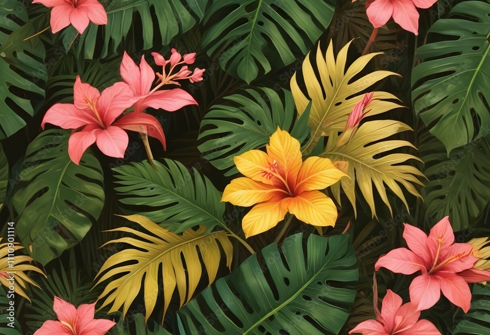 Tropical exotic pattern with animal and flowers in bright colors and lush vegetationn Tropical exotic pattern with animal and flowers in bright colors and lush vegetationn