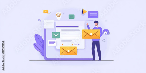  Background Illustrating Email Campaign Alert Concepts with New Business Email Notifications, Emphasizing Digital Marketing and Internet Technologies, Showcasing a Male Contact Receiving Email Invitat photo