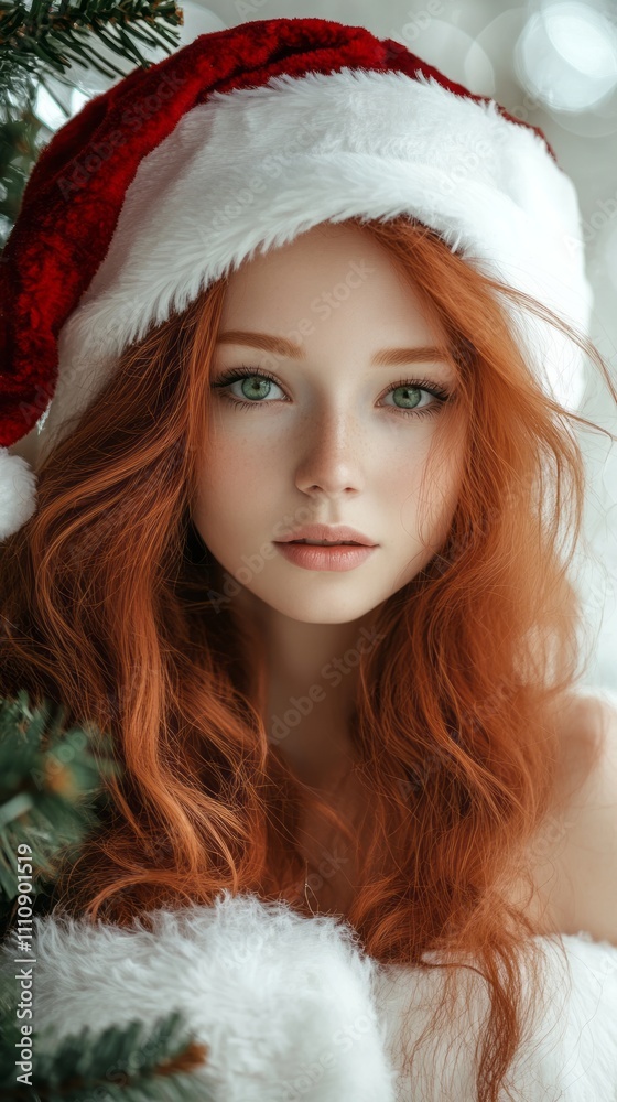 Enchanting red-haired girl adorned with a festive Santa hat, radiating holiday spirit and warmth against a dreamy winter backdrop Enchanting red-haired girl adorned with a festive Santa hat, radiating holiday spirit and warmth against a dreamy winter backdrop