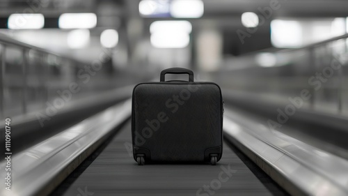 conveyor belt in airport concepts. A black suitcase sits alone on an airport conveyor belt, evoking travel and adventure.