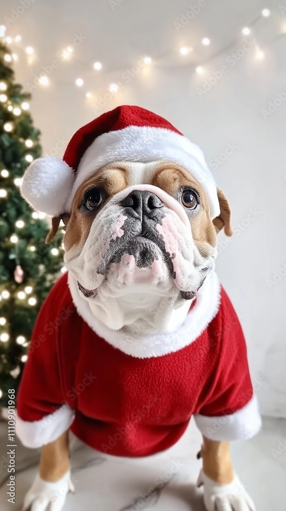 Festive bulldog spreads holiday joy in a cozy room adorned with twinkling lights and a beautifully decorated tree Festive bulldog spreads holiday joy in a cozy room adorned with twinkling lights and a beautifully decorated tree