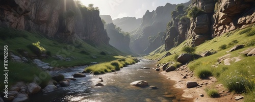 Canyon carved into the Mendip Hills with clear stream running through, outdoor environment, water flow photo