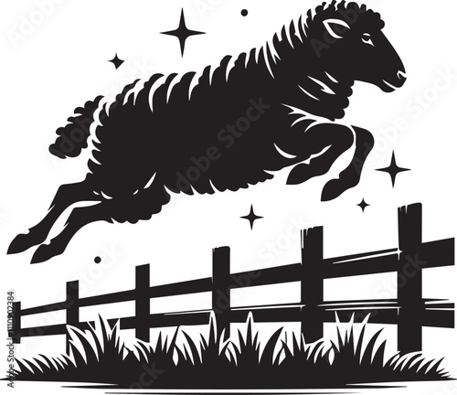 A sheep jumping over a fence mid air silhouette vector