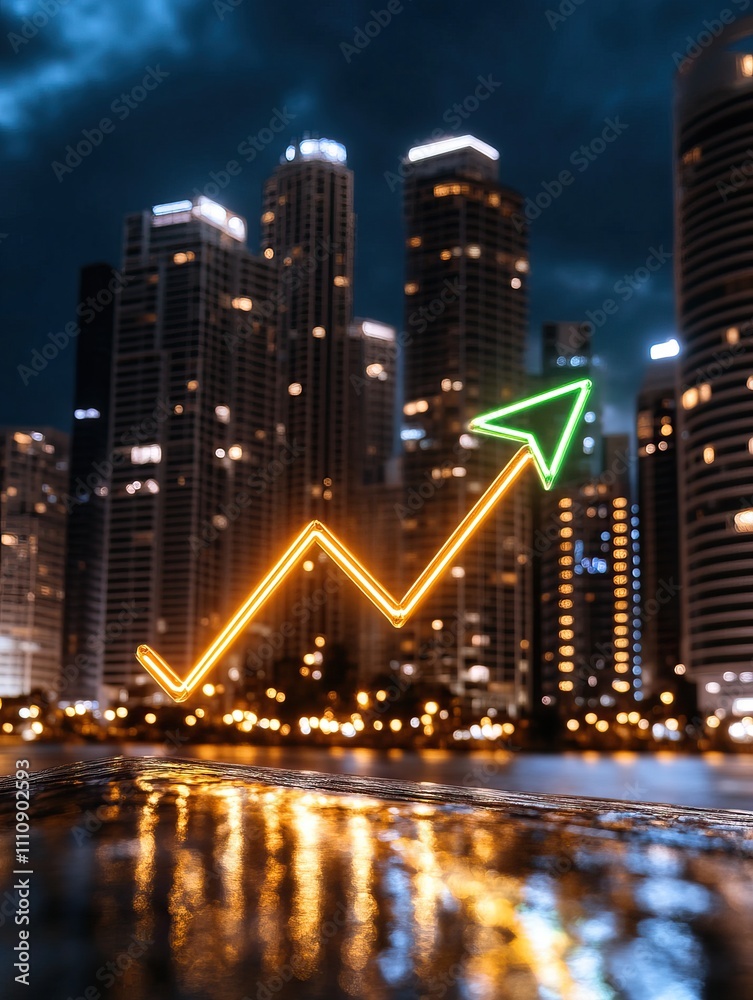 Obraz premium A vibrant city skyline at night with a glowing upward trend arrow, symbolizing growth and success in business or finance.