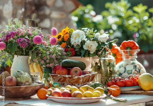 Fresh fruits and vibrant flowers arranged on a table, showcasing a colorful display of nature s bounty, perfect for summer concepts and healthy lifestyle imagery photo