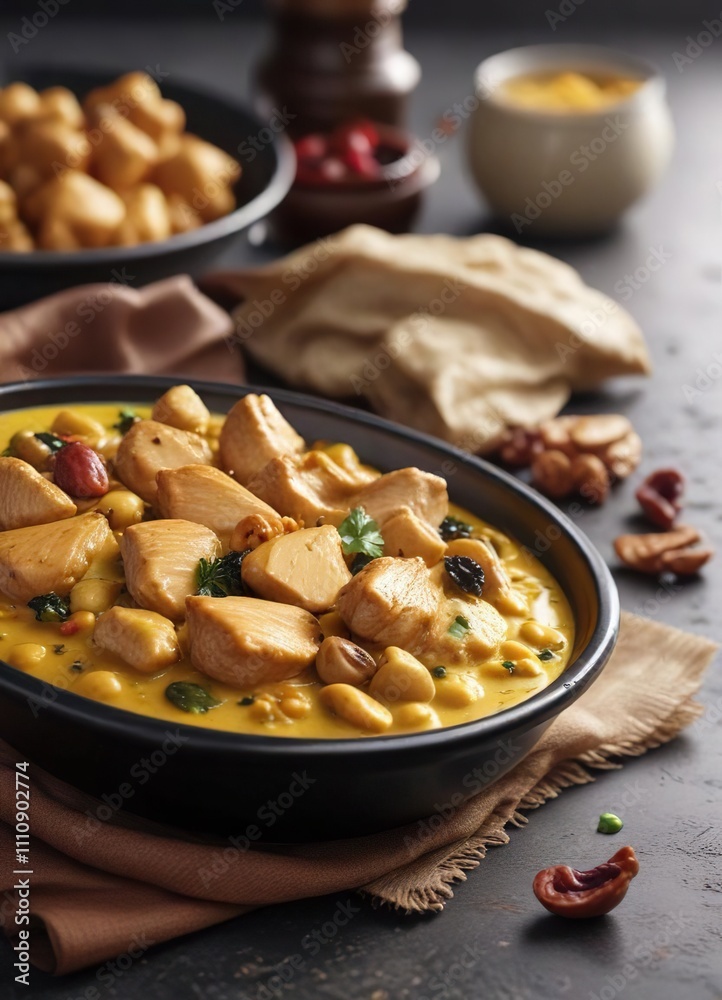 Chicken curry sauce with a rich flavor profile featuring cashew nuts and plump raisins, rich curry sauce, aromatic spices Chicken curry sauce with a rich flavor profile featuring cashew nuts and plump raisins, rich curry sauce, aromatic spices