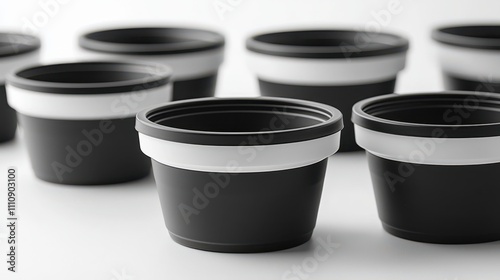 A collection of black plant pots with white bands, arranged neatly, showcasing a minimalist design ideal for gardening and home decor.