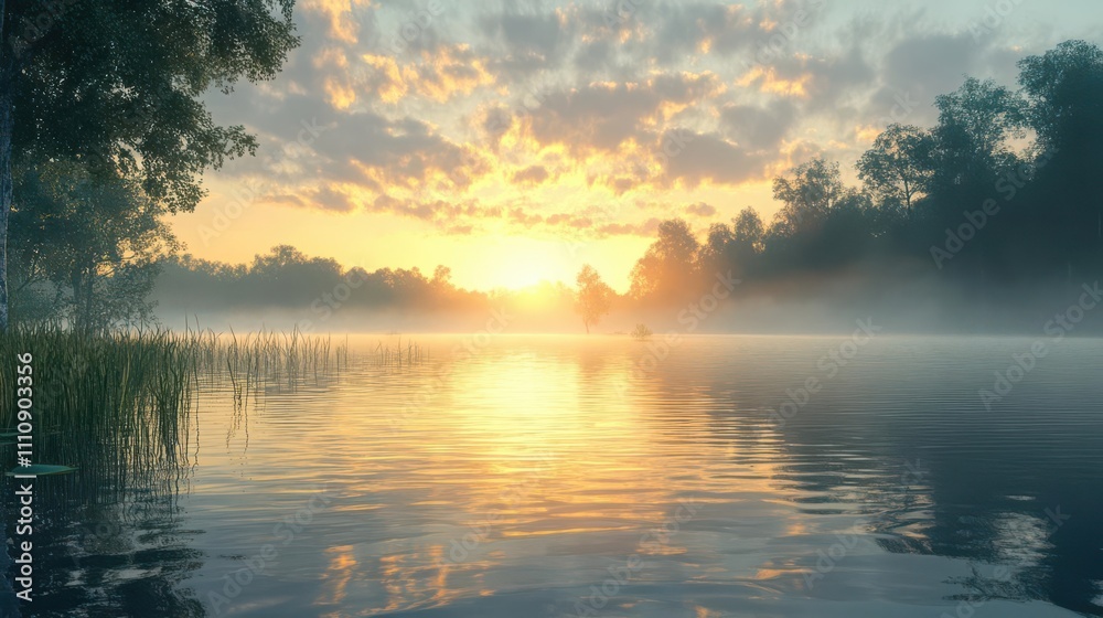 Produce a photorealistic interpretation of a serene lake at sunrise, capturing the subtle ripples and the shimmering moisture in the air Produce a photorealistic interpretation of a serene lake at sunrise, capturing the subtle ripples and the shimmering moisture in the air