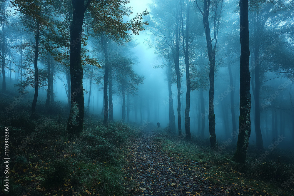 Fototapeta premium Solitary Figure Walking Misty Forest Path