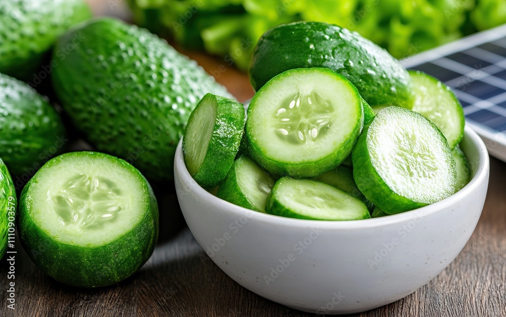 Fresh cucumbers sliced and served in a white bowl, showcasing their vibrant green color, alongside whole cucumbers on a rustic wooden surface. Fresh cucumbers sliced and served in a white bowl, showcasing their vibrant green color, alongside whole cucumbers on a rustic wooden surface.