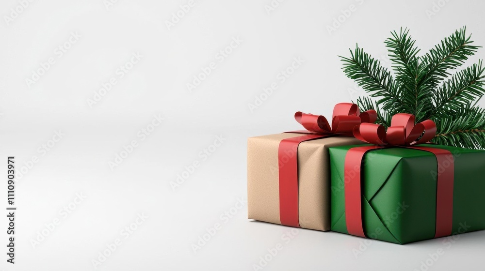 Obraz premium A photostock of festive red and green Christmas wrapping paper and ribbons on a clean white background. High Quality