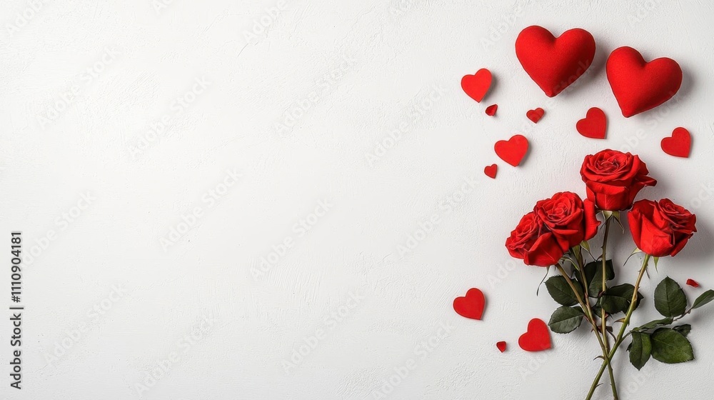 A photostock of a Valentine’s Day setup with deep red roses, heart-shaped decorations, and scattered petals on a crisp white background. High Quality A photostock of a Valentine’s Day setup with deep red roses, heart-shaped decorations, and scattered petals on a crisp white background. High Quality