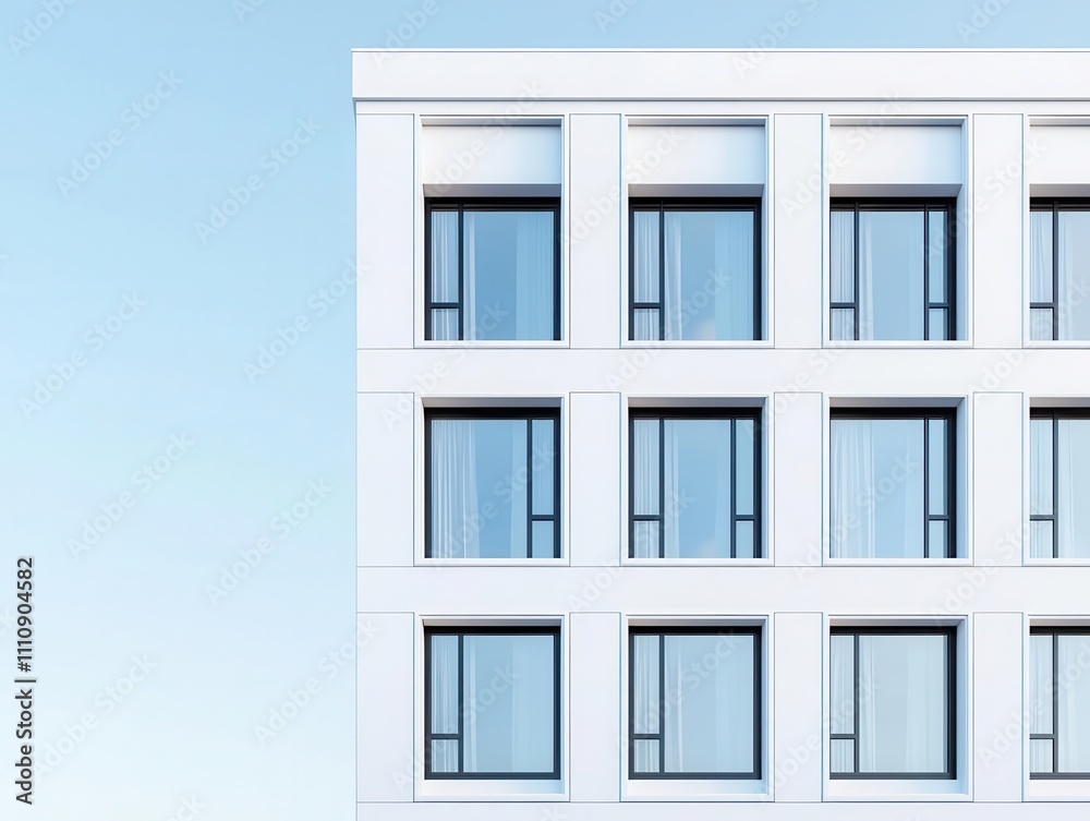 White office tower, modernist facade and large windows, 3D illustration White office tower, modernist facade and large windows, 3D illustration
